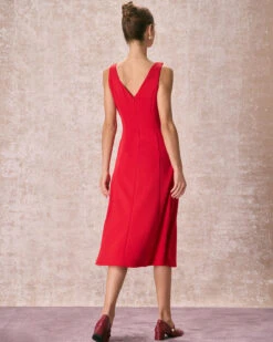 The Red V Neck Sleeveless A-Line Midi Dress -Outlet Dress Mix Up Store the red v neck a line dress dresses toxa9w