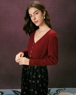 The Red V Neck Ribbed Long Sleeve Cardigan -Outlet Dress Mix Up Store the red v neck long sleeve cardigan tops 9sjluz 371699