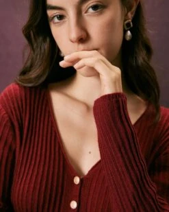 The Red V Neck Ribbed Long Sleeve Cardigan -Outlet Dress Mix Up Store the red v neck long sleeve cardigan tops s8vwxf 458132