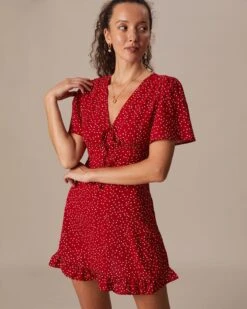 The Red V Neck Polka Dot Flounce Mini Dress -Outlet Dress Mix Up Store the red v neck polka dot mini dress red dresses wjy6q2 985810