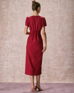 The Red V Neck Shirred Puff Sleeve Midi Dress -Outlet Dress Mix Up Store the red v neck puff sleeve midi dress dresses 835kez