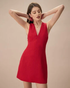 The Red V Neck Sleeveless Linen Mini Dress -Outlet Dress Mix Up Store the red v neck solid mini dress dresses 6itg0v