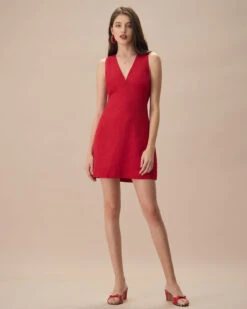 The Red V Neck Sleeveless Linen Mini Dress -Outlet Dress Mix Up Store the red v neck solid mini dress dresses ijkt3g