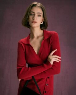 The Red V Neck Button Up Wrap Midi Dress -Outlet Dress Mix Up Store the red v neck wrap button midi dress dresses rpkxfn