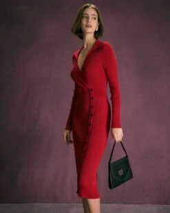 The Red V Neck Button Up Wrap Midi Dress -Outlet Dress Mix Up Store the red v neck wrap button midi dress dresses xtrkyx