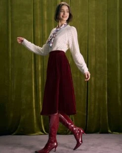 The Red High Waisted Velvet Midi Skirt -Outlet Dress Mix Up Store the red velvet midi skirt bottoms rvjicl