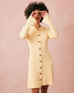 The Yellow Ribbed Long Sleeve Knit Mini Dress -Outlet Dress Mix Up Store the ribbed knit flare sleeve mini dress dresses keyud9 947557