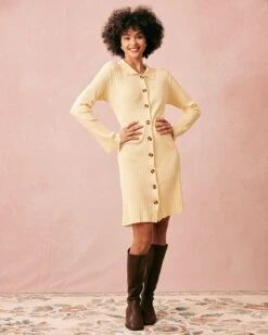 The Yellow Ribbed Long Sleeve Knit Mini Dress -Outlet Dress Mix Up Store the ribbed knit flare sleeve mini dress dresses lvzww6 175245