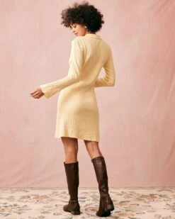 The Yellow Ribbed Long Sleeve Knit Mini Dress -Outlet Dress Mix Up Store the ribbed knit flare sleeve mini dress dresses s6ph01 669833