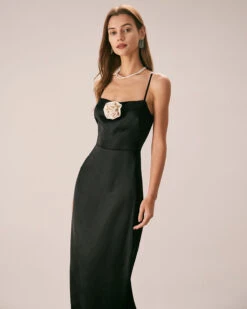 The Black Rosette Satin Strap Maxi Dress -Outlet Dress Mix Up Store the rosette satin maxi dress dresses hheyam