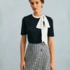 The Black Round Neck Colorblock Bowknot Top
