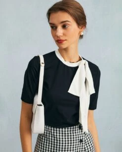 The Black Round Neck Colorblock Bowknot Top -Outlet Dress Mix Up Store the round neck bowknot top tops ld9kzu 564267