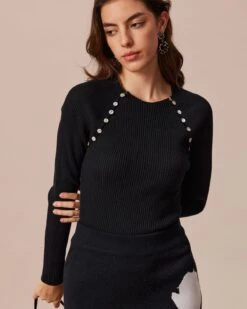 The Black Round Neck Button Ribbed Knit Top -Outlet Dress Mix Up Store the round neck button knit top tops 5f25rv 237765