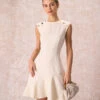 The Beige Button-Shoulder Flounce Mini Dress