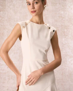 The Beige Button-Shoulder Flounce Mini Dress -Outlet Dress Mix Up Store the round neck button shoulder dress dresses 9dkren