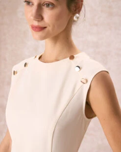 The Beige Button-Shoulder Flounce Mini Dress -Outlet Dress Mix Up Store the round neck button shoulder dress dresses wvwyhk