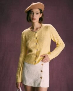 The Yellow Round Neck Cable Ribbed Cardigan -Outlet Dress Mix Up Store the round neck cable pointelle cardigan tops ydrusa