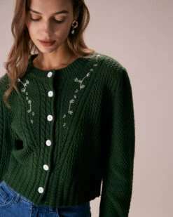 The Green Round Neck Embroidery Cardigan -Outlet Dress Mix Up Store the round neck embroidery pointelle cardigan tops innru9