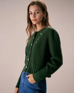 The Green Round Neck Embroidery Cardigan -Outlet Dress Mix Up Store the round neck embroidery pointelle cardigan tops vykvdi