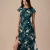 The Green Round Neck Cutout Floral Midi Dress