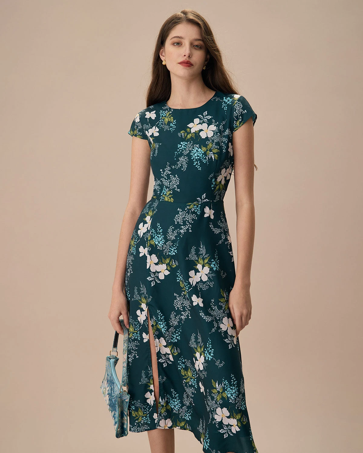 The Green Round Neck Cutout Floral Midi Dress 3 The Green Round Neck Cutout Floral Midi Dress - Image 3