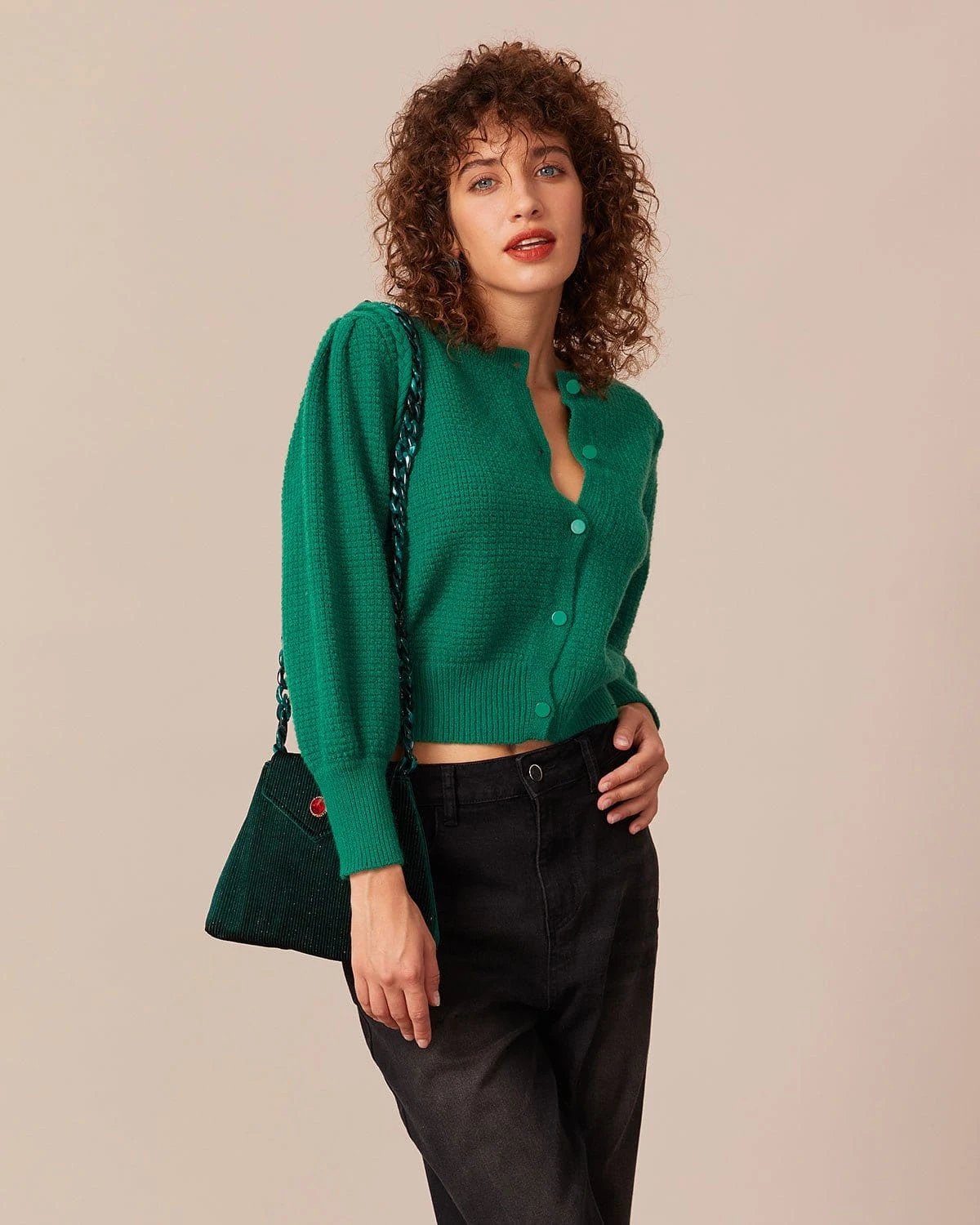 The Green Ribbed Lantern Sleeve Cardigan 2 The Green Ribbed Lantern Sleeve Cardigan - Image 2