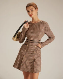 The Brown Round Neck Plaid Button Mini Dress