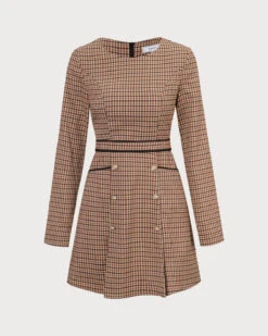 The Brown Round Neck Plaid Button Mini Dress -Outlet Dress Mix Up Store the round neck plaid long sleeve dress dresses 39iq2f