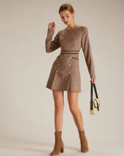 The Brown Round Neck Plaid Button Mini Dress -Outlet Dress Mix Up Store the round neck plaid long sleeve dress dresses osw4nz