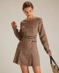 The Brown Round Neck Plaid Button Mini Dress -Outlet Dress Mix Up Store the round neck plaid long sleeve dress dresses uyqsig