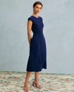 The Navy Round Neck Polka Dot Cutout Midi Dress -Outlet Dress Mix Up Store the round neck polka dot dress dresses in9tne 368176