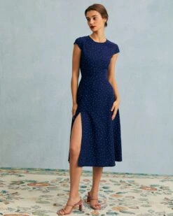 The Navy Round Neck Polka Dot Cutout Midi Dress -Outlet Dress Mix Up Store the round neck polka dot dress dresses julgui 107638