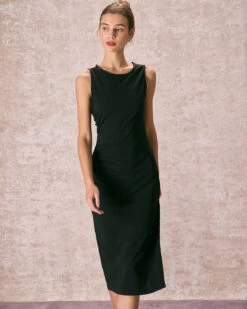 The Black Round Neck Ruched Tank Midi Dress -Outlet Dress Mix Up Store the round neck ruched tank dress black dresses 1teaap