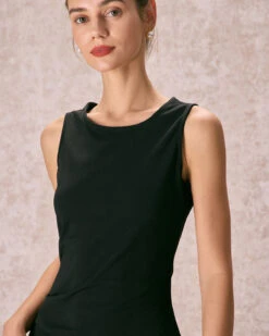 The Black Round Neck Ruched Tank Midi Dress -Outlet Dress Mix Up Store the round neck ruched tank dress dresses dfggux