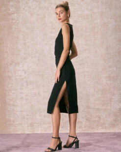 The Black Round Neck Ruched Tank Midi Dress -Outlet Dress Mix Up Store the round neck ruched tank dress dresses ioi0gm