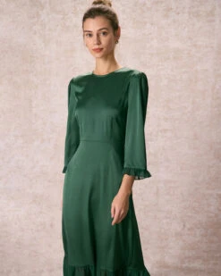 The Green Spliced Ruffle Poet Sleeve Midi Dress 8 The Green Spliced Ruffle Poet Sleeve Midi Dress -Outlet Dress Mix Up Store the round neck spliced ruffle dress dresses ifpf2p