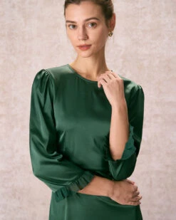 The Green Spliced Ruffle Poet Sleeve Midi Dress 10 The Green Spliced Ruffle Poet Sleeve Midi Dress -Outlet Dress Mix Up Store the round neck spliced ruffle dress dresses jrucob