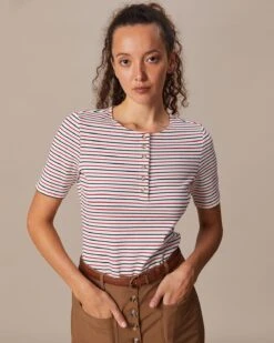 The Red Round Neck Button Striped Tee