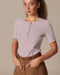 The Red Round Neck Button Striped Tee -Outlet Dress Mix Up Store the round neck striped tee tops e3mq6g 529785