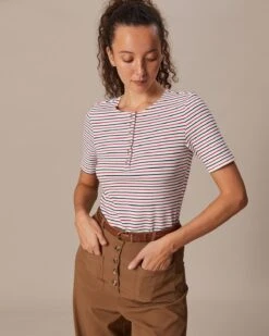 The Red Round Neck Button Striped Tee -Outlet Dress Mix Up Store the round neck striped tee tops xdttpk 429254