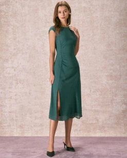 The Green Cap Sleeve Side Split Midi Dress -Outlet Dress Mix Up Store the ruched side split dress dresses n7wfmy