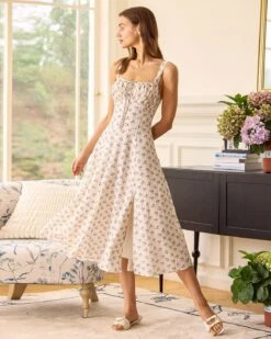 The Beige Ruched Split Hem Floral Midi Dress -Outlet Dress Mix Up Store the ruched split hem floral midi dress dresses gyseqd