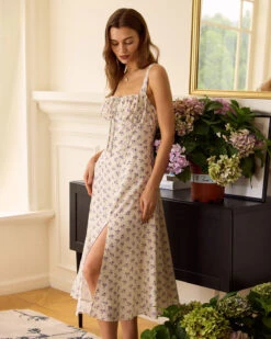 The Beige Ruched Split Hem Floral Midi Dress -Outlet Dress Mix Up Store the ruched split hem floral midi dress dresses ipgyse