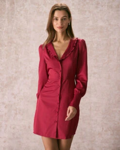 The Red Ruffle Collared Button Mini Dress -Outlet Dress Mix Up Store the ruffle collar button up dress dresses pb8lwh