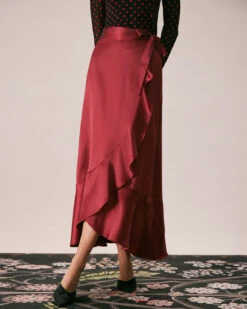 The Wine Red Drawstring Ruffle Satin Midi Skirt -Outlet Dress Mix Up Store the ruffle solid satin midi skirt bottoms 1z4fyd