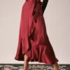 The Wine Red Drawstring Ruffle Satin Midi Skirt