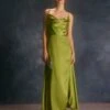 The Green Cowl Neck Split Satin Maxi Dress