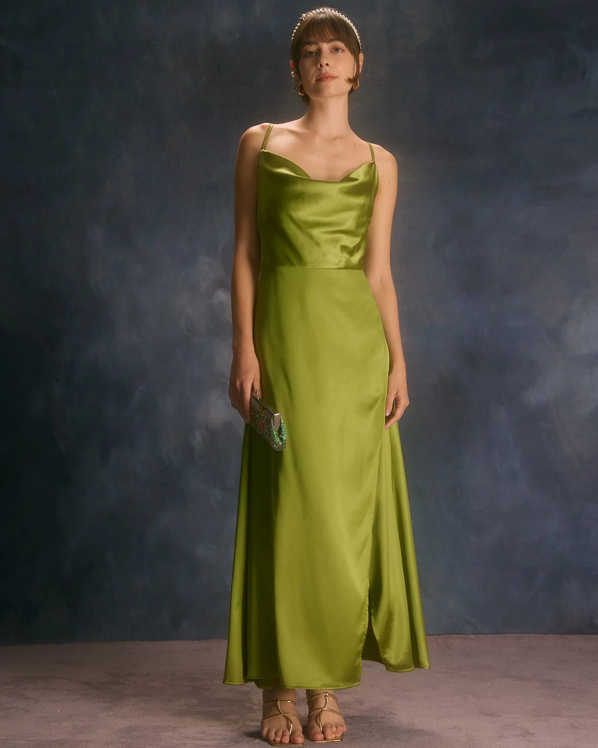 The Green Cowl Neck Split Satin Maxi Dress 1 The Green Cowl Neck Split Satin Maxi Dress