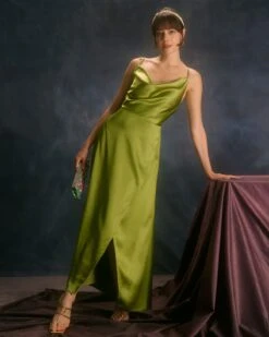 The Green Cowl Neck Split Satin Maxi Dress 8 The Green Cowl Neck Split Satin Maxi Dress -Outlet Dress Mix Up Store the satin cowl neck side split dress green dresses u3lzr1