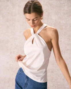 The Beige Halter Cut Out Satin Cami Top -Outlet Dress Mix Up Store the satin cut out halter top tops rqmont